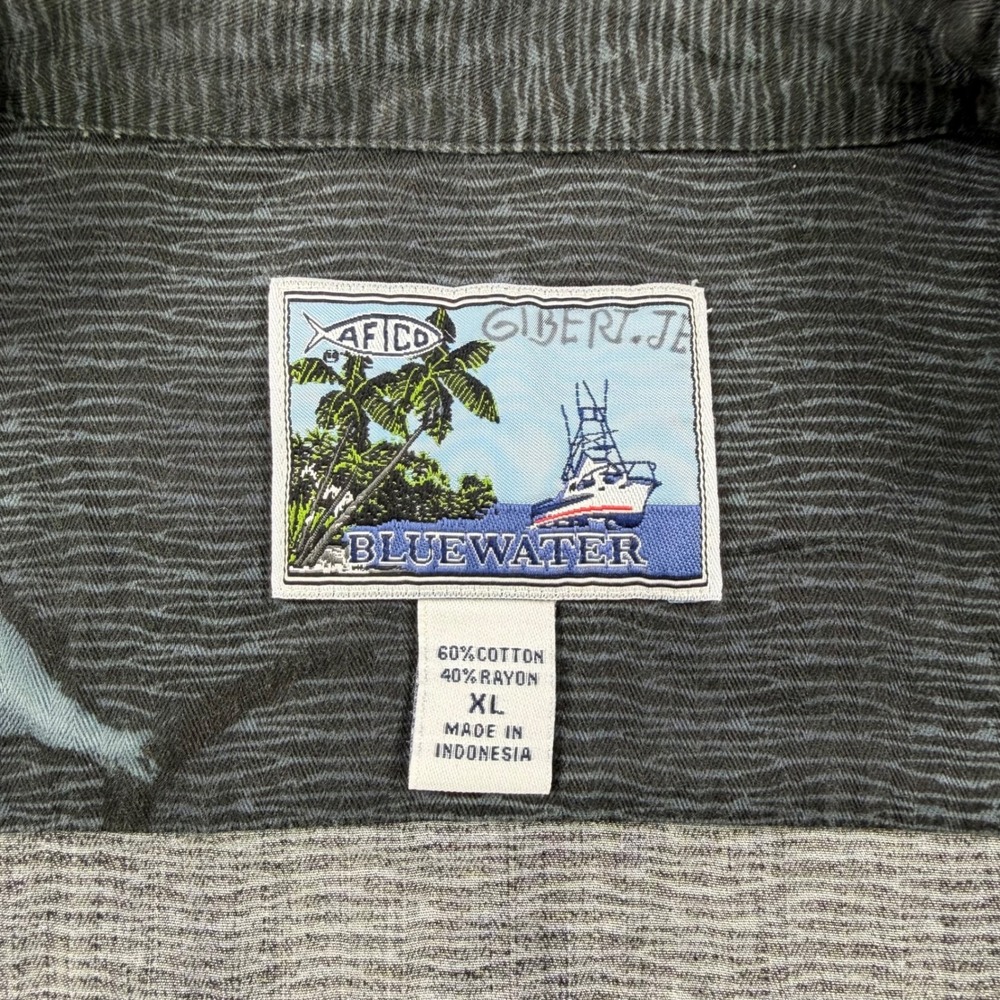 AFTCO Bluewater Mens XL Marlin Fish Print Button Up Shirt Grey Blue Short Sleeve - Picture 7 of 11